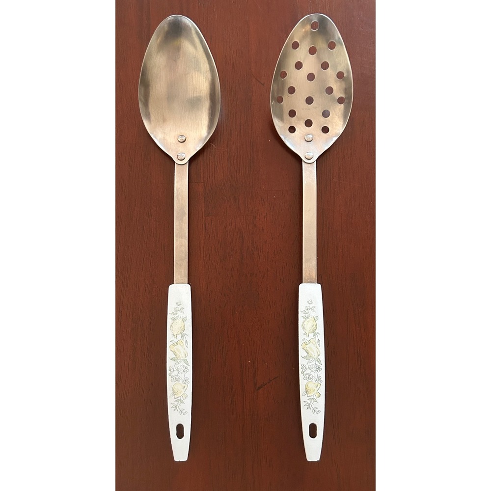 Vintage Serving Spoons Stainless Steel 12in Peppers Mushrooms Onions Cottagecore